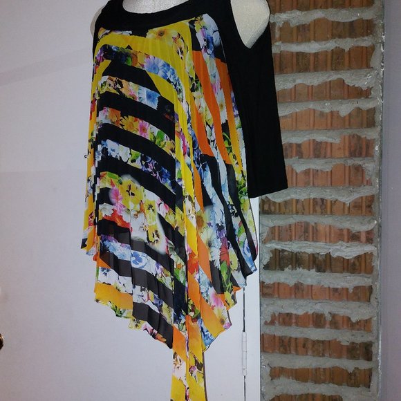 Joseph Ribkoff Asymmetric Pleated Floral Tunic Cold Shoulder Size 10 - Picture 2 of 7